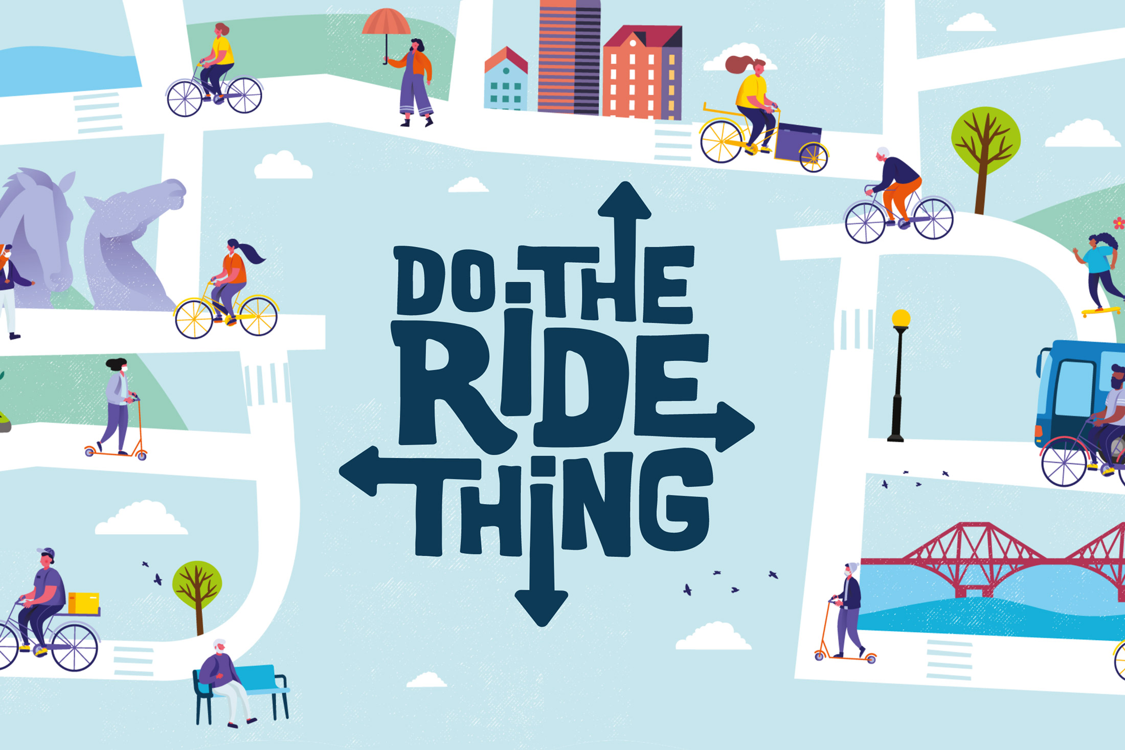 Do The Ride Thing logo with illustrative background of people on bikes