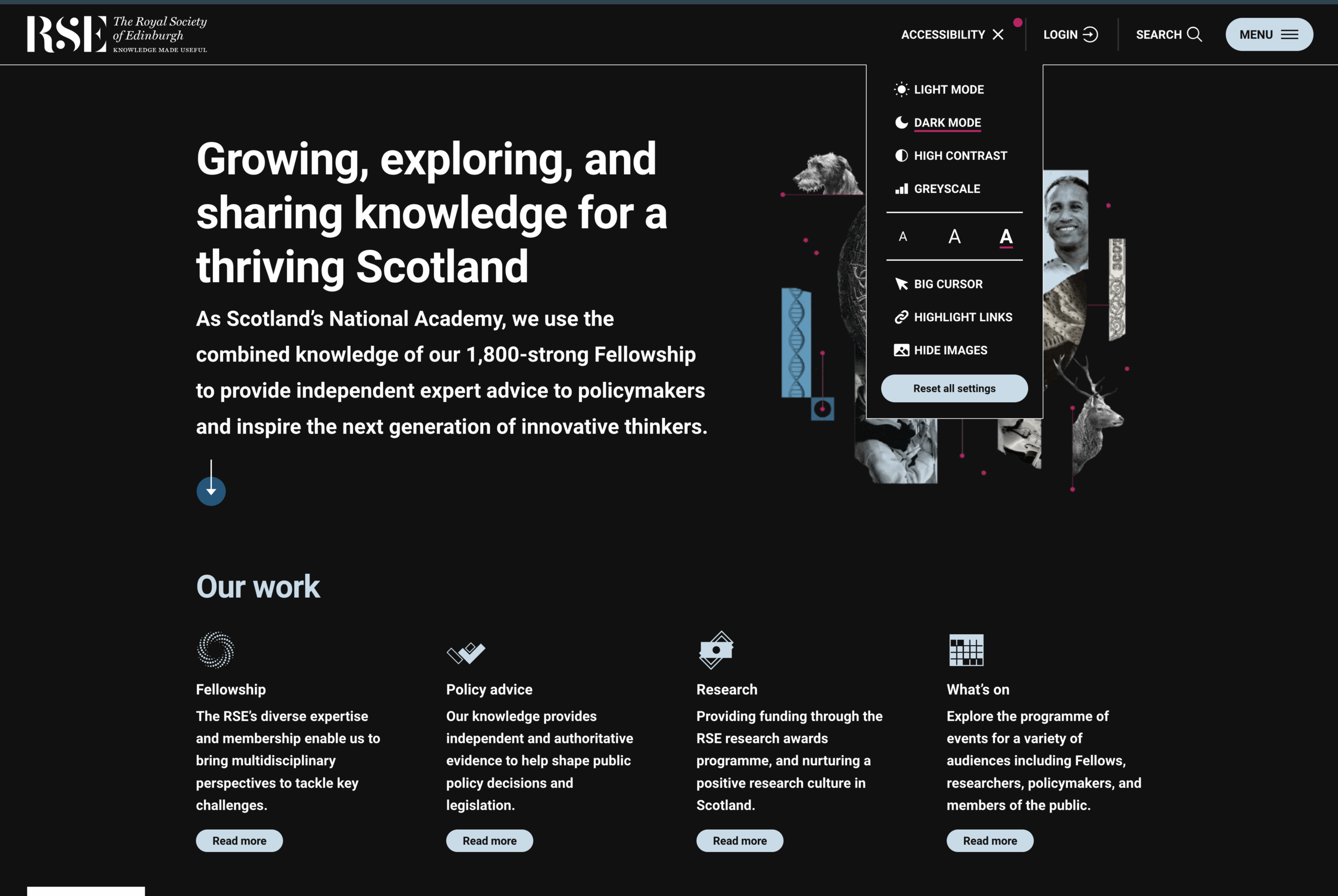 RSE website homepage in 'dark mode'